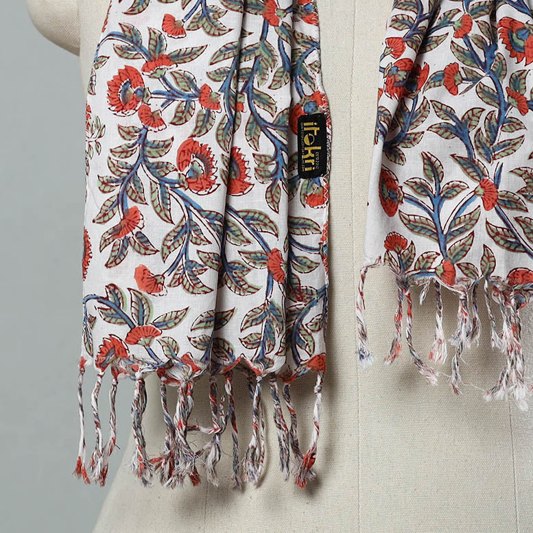 White - Sanganeri Block Print Cotton Stole with Tassels 14