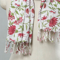 White - Sanganeri Block Print Cotton Stole with Tassels 13