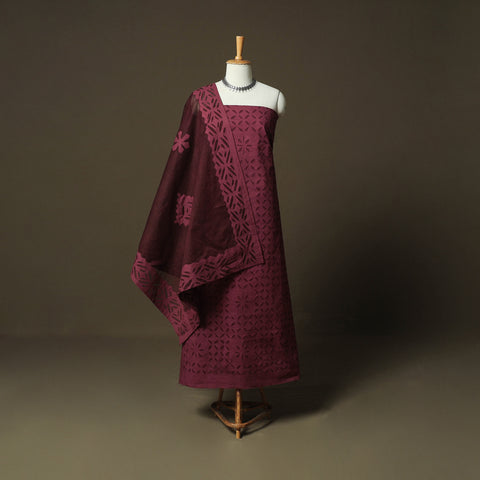 Maroon - Barmer Applique Cutwork Cotton 3pc Unstitched Dress Material Suit Set 04