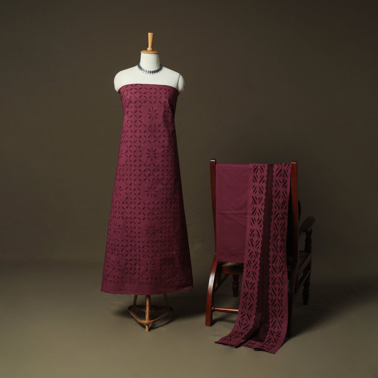 Maroon - Barmer Applique Cutwork Cotton 3pc Unstitched Dress Material Suit Set 04