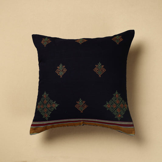 Black - Gavanti Kasuti Embroidery Cotton Cushion Cover (16 x 16 in)