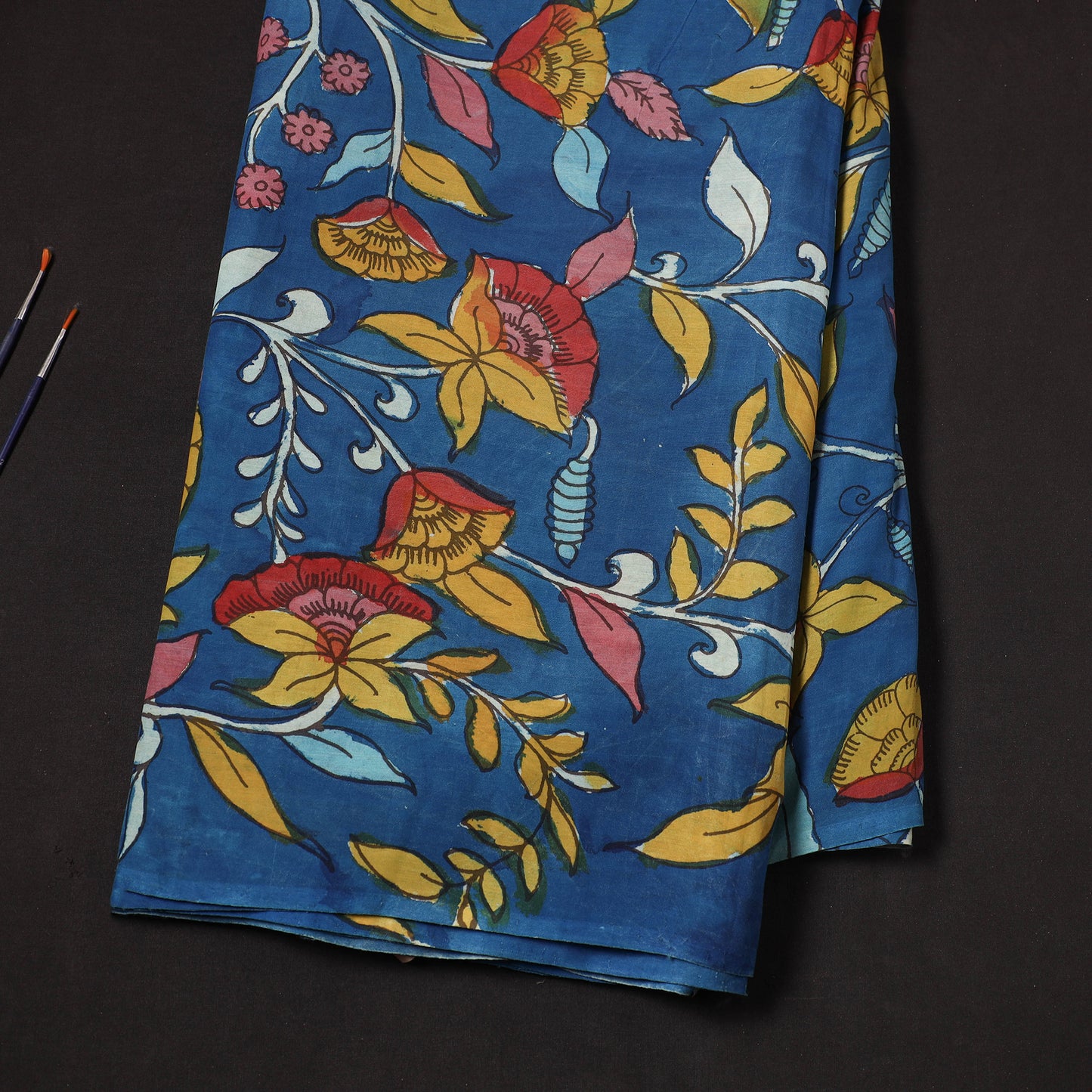 Blue - Chanderi Silk Srikalahasti Handpainted Pen Kalamkari Fabric 14