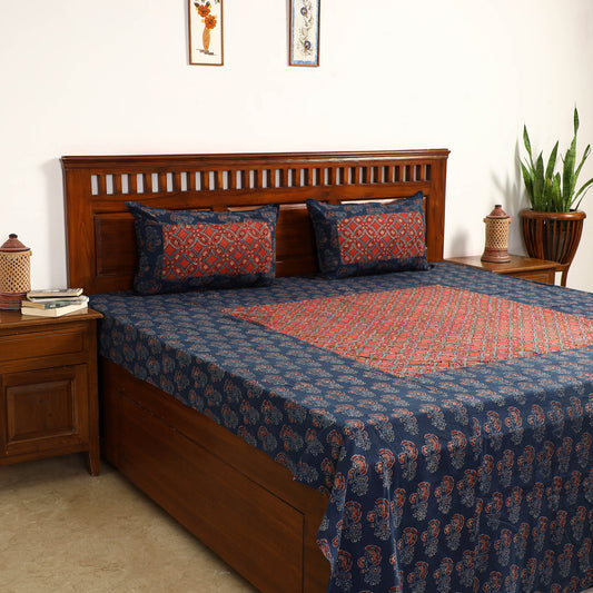 Blue - Ajrakh Block Printed Patchwork Cotton Double Bed Cover with Pillow Covers (108 x 90 In)