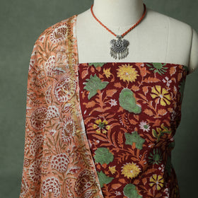 Sanganeri Hand Block Print 2pc Cotton Unstitched Dress Material Kurta Set with Jewellery 10