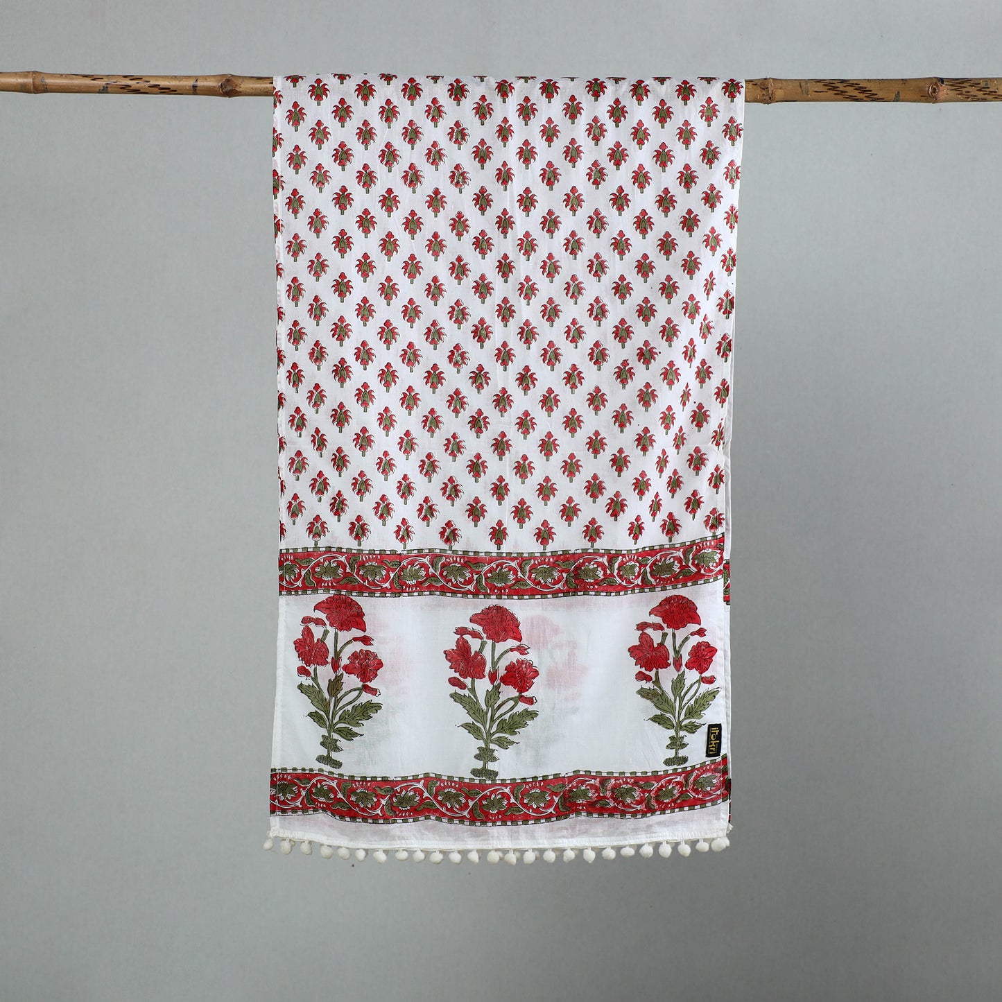 Red - Sanganeri Block Print Cotton Stole with Pom Pom 20