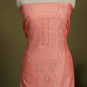 2pc Peach Hand Embroidery Chanderi Silk Chikankari Dress Material