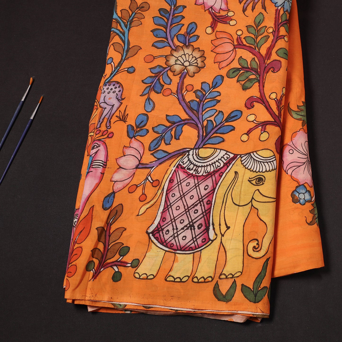 Orange - Chanderi Silk Srikalahasti Handpainted Pen Kalamkari Fabric 03