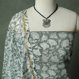 Sanganeri Hand Block Print 2pc Cotton Unstitched Dress Material Kurta Set with Jewellery 11