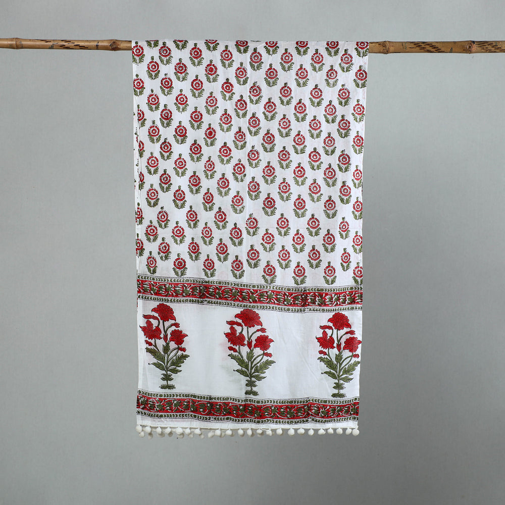 Red - Sanganeri Block Print Cotton Stole with Pom Pom 22