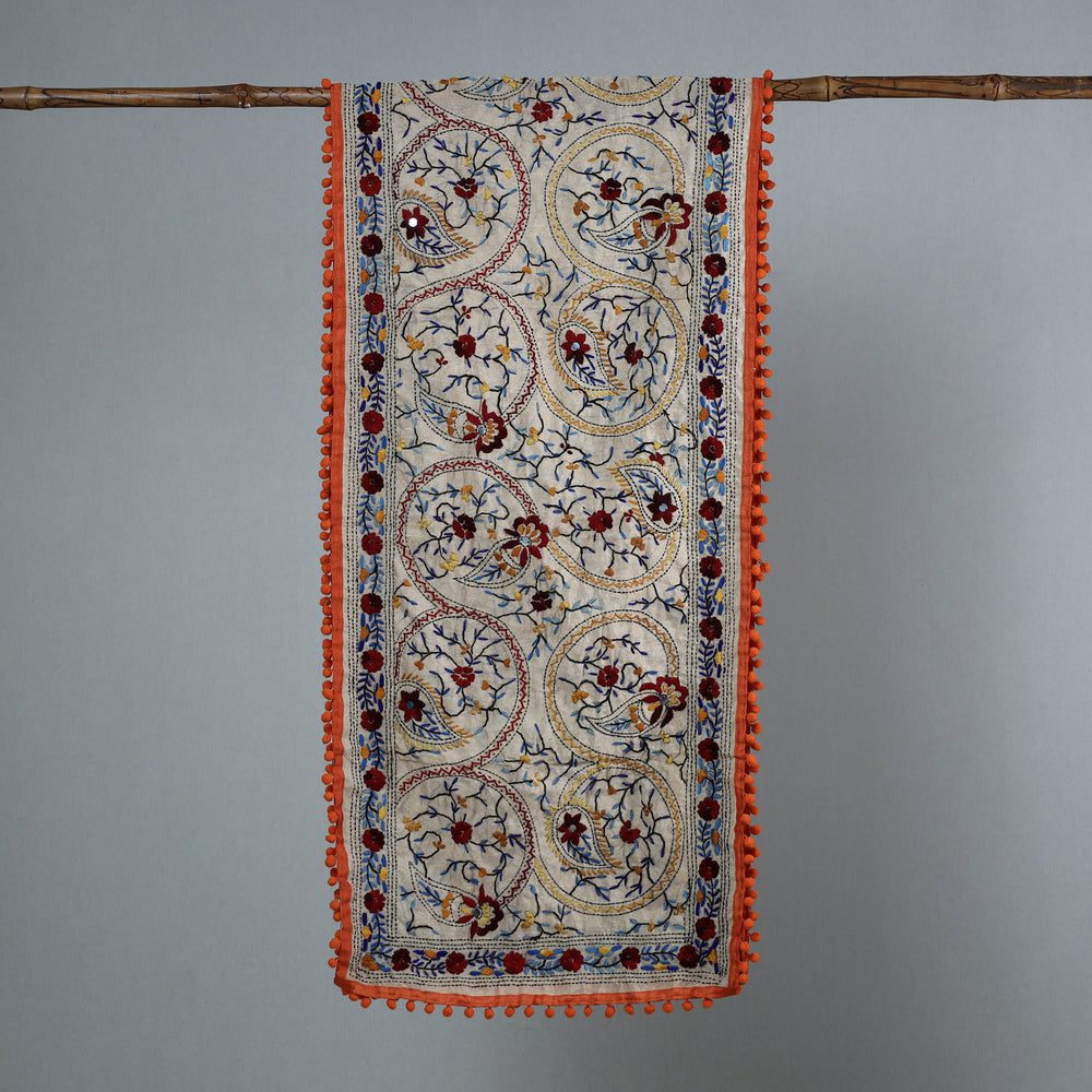 Orange - Ranihati Chanderi Silk Phulkari Embroidered Stole 185