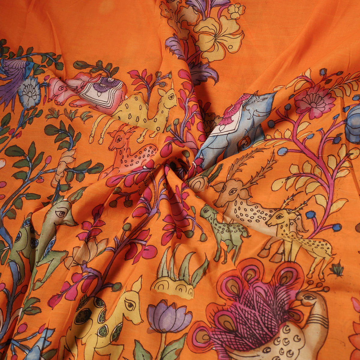 Orange - Chanderi Silk Srikalahasti Handpainted Pen Kalamkari Fabric 03