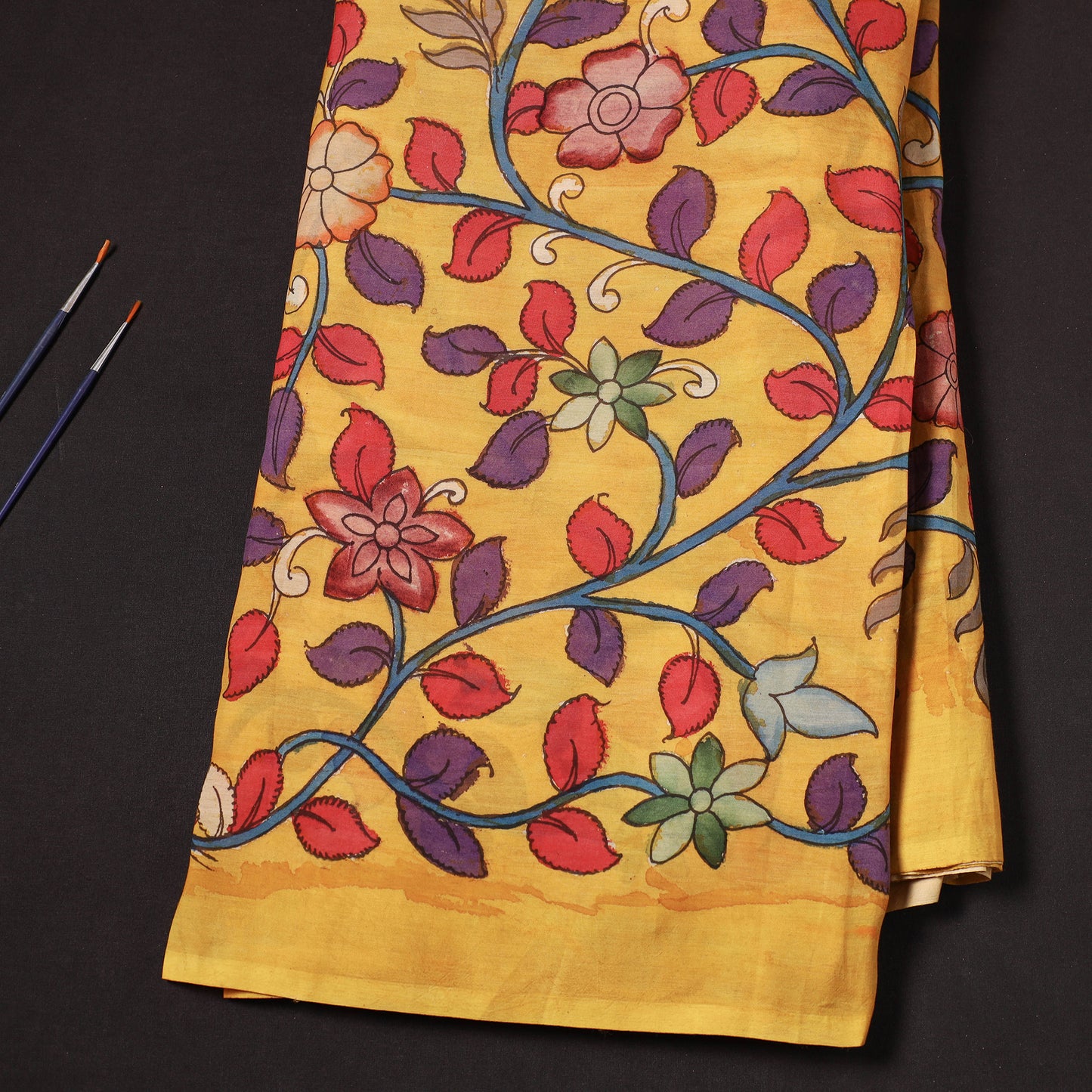 Yellow - Chanderi Silk Srikalahasti Handpainted Pen Kalamkari Fabric 04