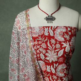 Sanganeri Hand Block Print 2pc Cotton Unstitched Dress Material Kurta Set with Jewellery 12