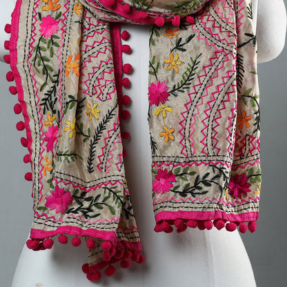 Pink - Ranihati Chapa Work Phulkari Embroidery Chanderi Silk Stole with Pom Pom 74