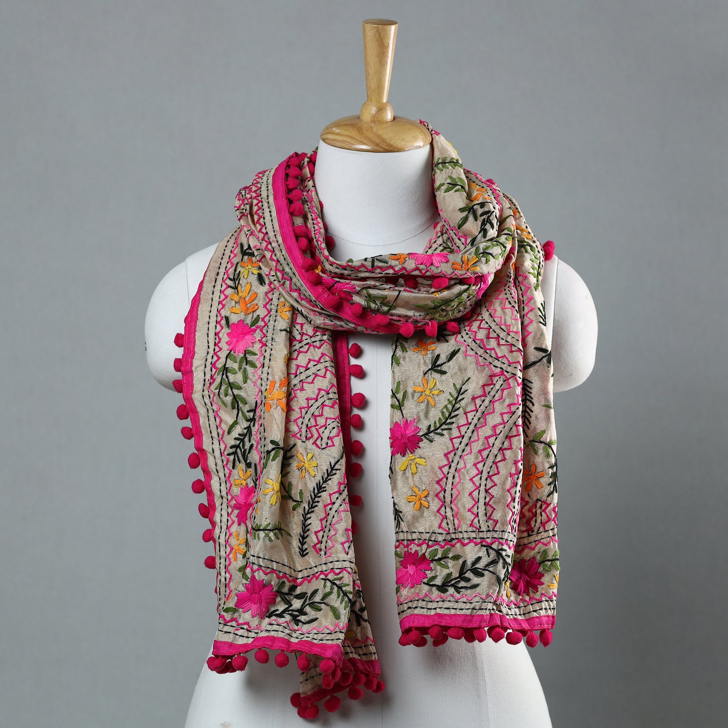 Pink - Ranihati Chapa Work Phulkari Embroidery Chanderi Silk Stole with Pom Pom 74
