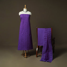 Purple - Barmer Applique Cutwork Cotton 3pc Unstitched Dress Material Suit Set 06