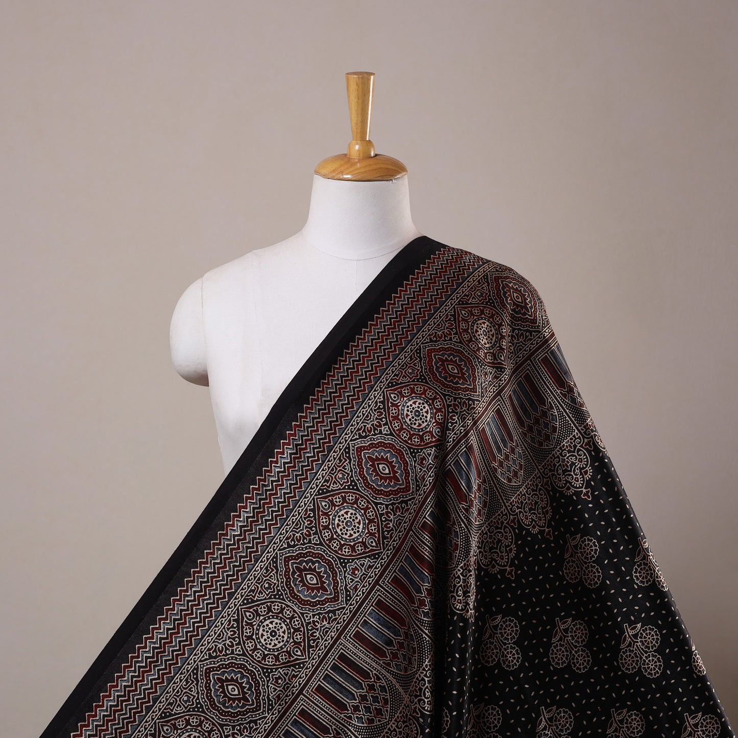Black Natural Dyed Mashru Silk Ajrakh Print Fabric