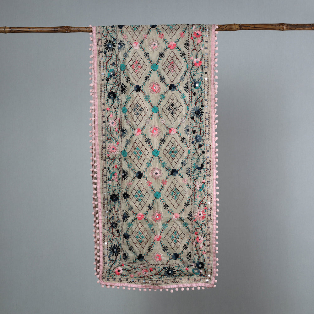 Pink - Ranihati Chanderi Silk Phulkari Embroidered Stole 176