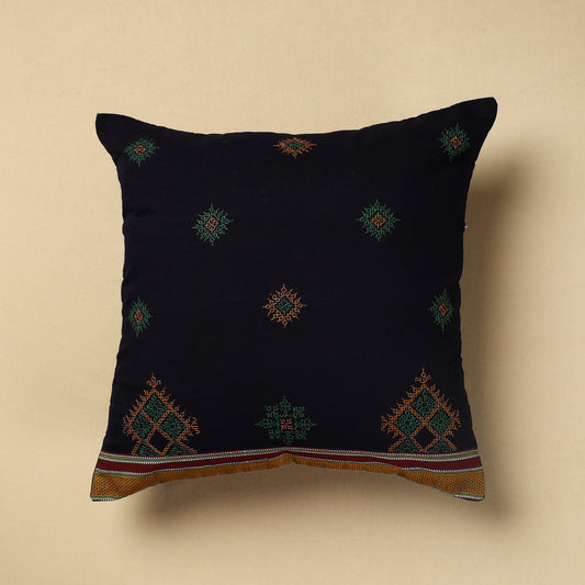 Black - Gavanti Kasuti Hand Embroidery Cotton Cushion Cover (16 x 16 in)
