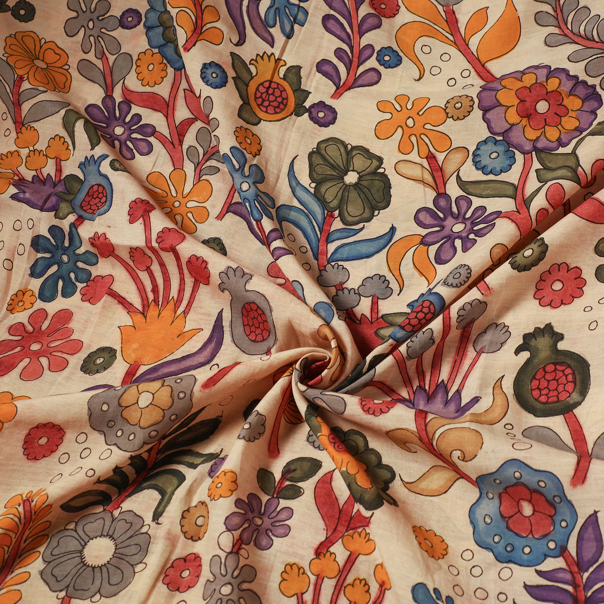 Beige - Chanderi Silk Srikalahasti Handpainted Pen Kalamkari Fabric 02