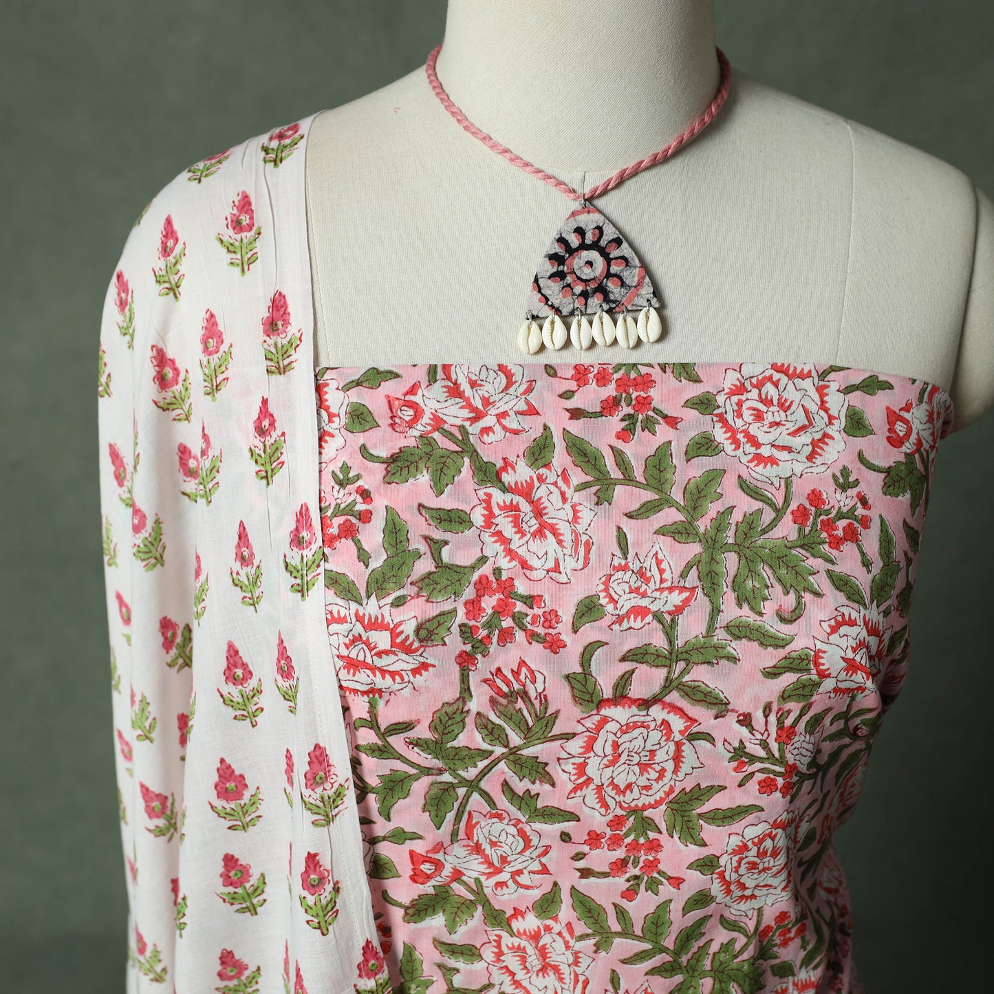 Sanganeri Hand Block Print 2pc Cotton Unstitched Dress Material Kurta Set with Jewellery 13