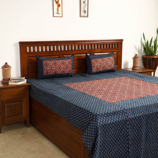 Blue - Ajrakh Block Printed Patchwork Cotton Double Bed Cover with Pillow Covers (108 x 90 In)