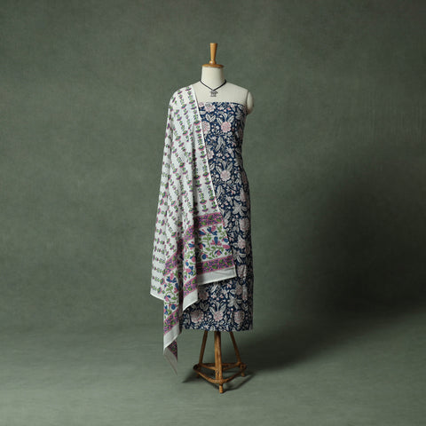 Sanganeri Hand Block Print 2pc Cotton Unstitched Dress Material Kurta Set with Jewellery 14