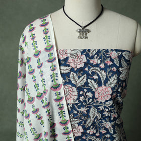 Sanganeri Hand Block Print 2pc Cotton Unstitched Dress Material Kurta Set with Jewellery 14