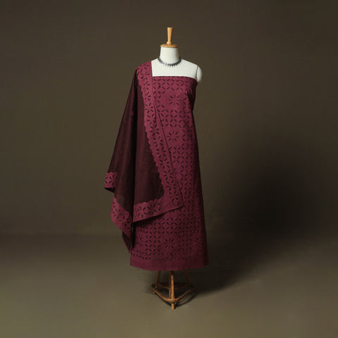 Maroon - Barmer Applique Cutwork Cotton 3pc Unstitched Dress Material Suit Set 07