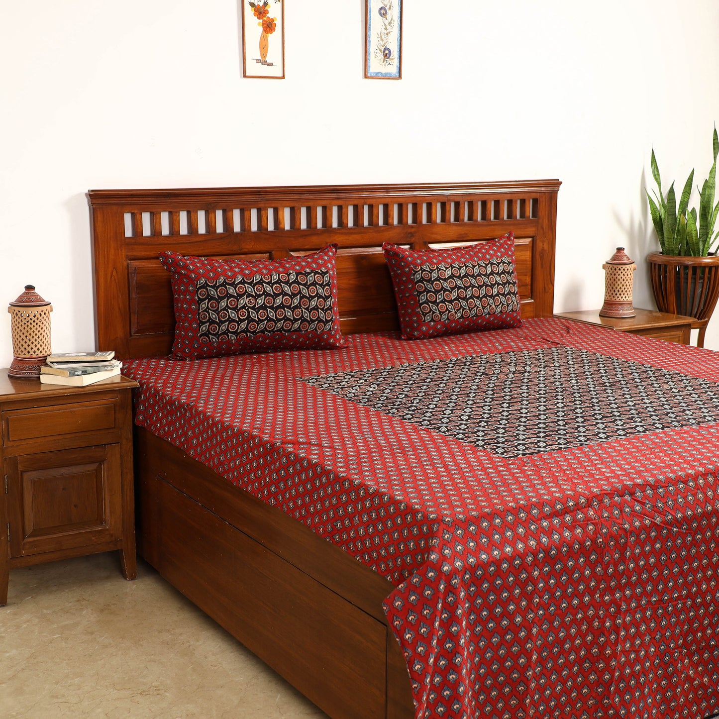 Red - Ajrakh Block Printed Patchwork Cotton Double Bed Cover with Pillow Covers (108 x 90 In)