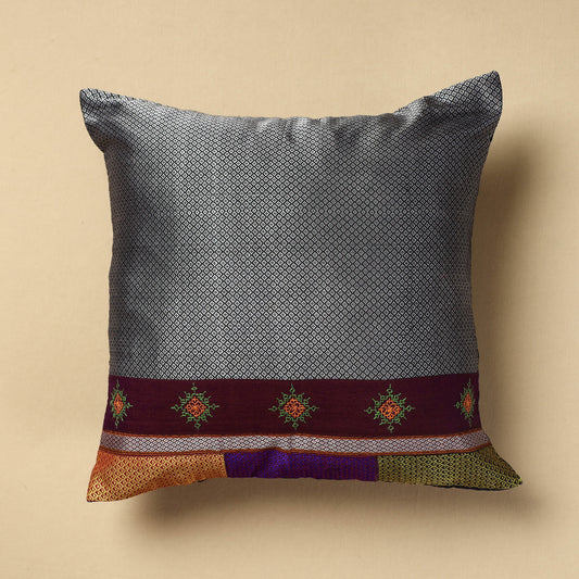 Grey - Gavanti Kasuti Embroidery Khun Cotton Cushion Cover (16 x 16 in)