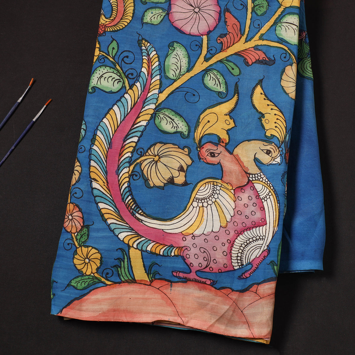 Blue - Chanderi Silk Srikalahasti Handpainted Pen Kalamkari Fabric 12