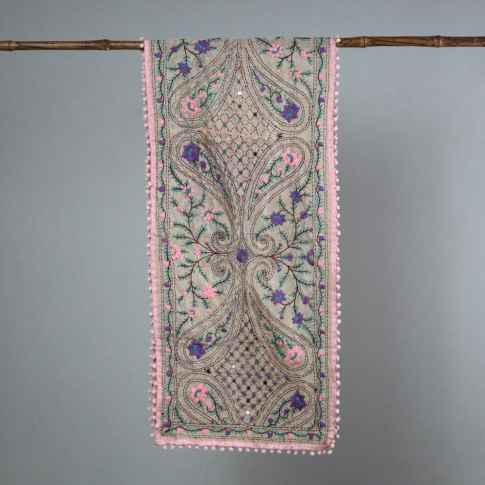 Pink - Ranihati Chanderi Silk Phulkari Embroidered Stole 159