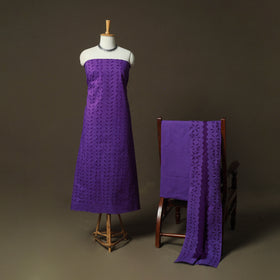 Purple - Barmer Applique Cutwork Cotton 3pc Unstitched Dress Material Suit Set 10
