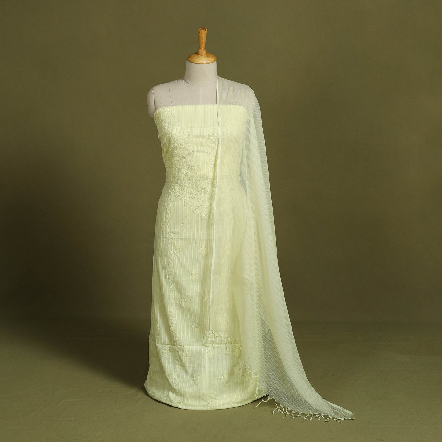 2pc Yellow Hand Embroidery Cotton Chikankari Dress Material