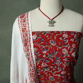 Sanganeri Hand Block Print 2pc Cotton Unstitched Dress Material Kurta Set with Jewellery 17