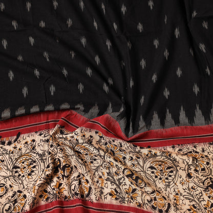 Black - Pochampally Ikat Handloom Cotton Precut Fabric with Kalamkari Block Printed Border (1.25 Meter)