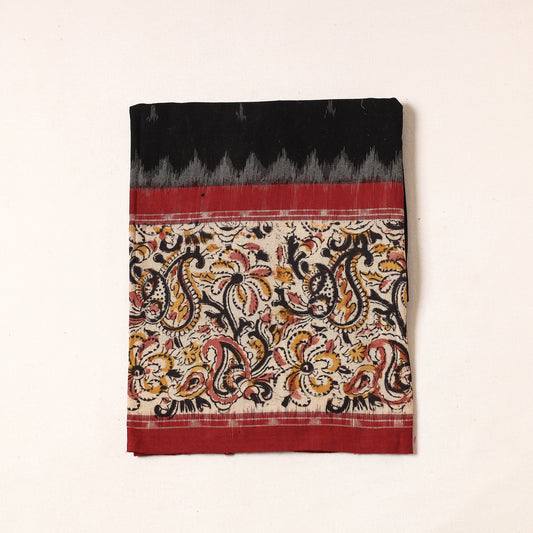 Black - Pochampally Ikat Handloom Cotton Precut Fabric with Kalamkari Block Printed Border (1 Meter)