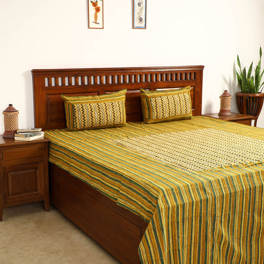 Yellow - Ajrakh Block Printed Patchwork Cotton Double Bed Cover with Pillow Covers (108 x 90 In)