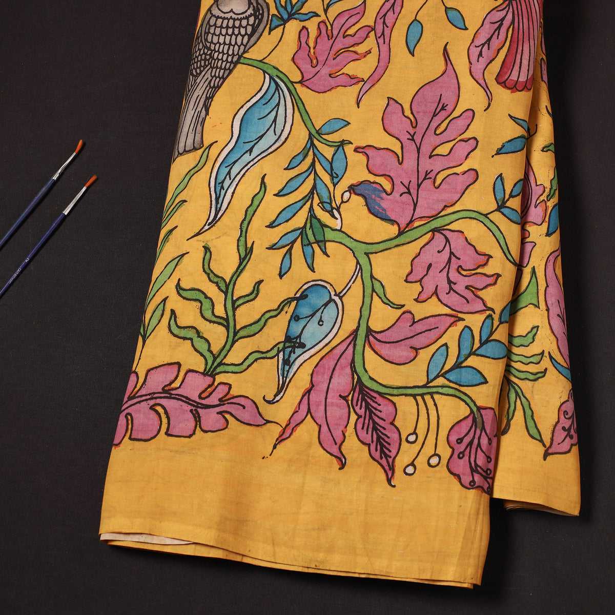 Yellow - Chanderi Silk Srikalahasti Handpainted Pen Kalamkari Fabric 07