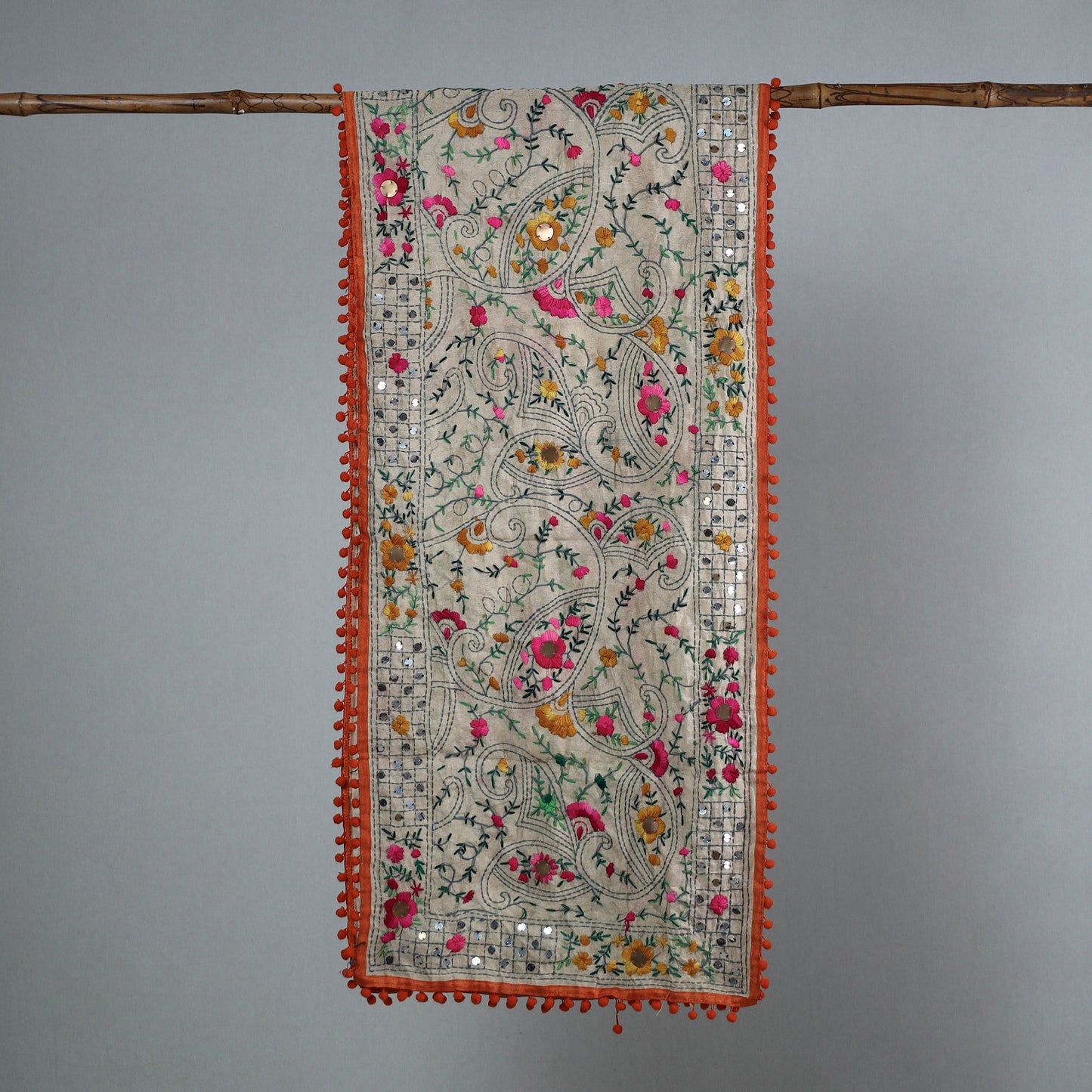 Orange - Ranihati Chanderi Silk Phulkari Embroidered Stole 141