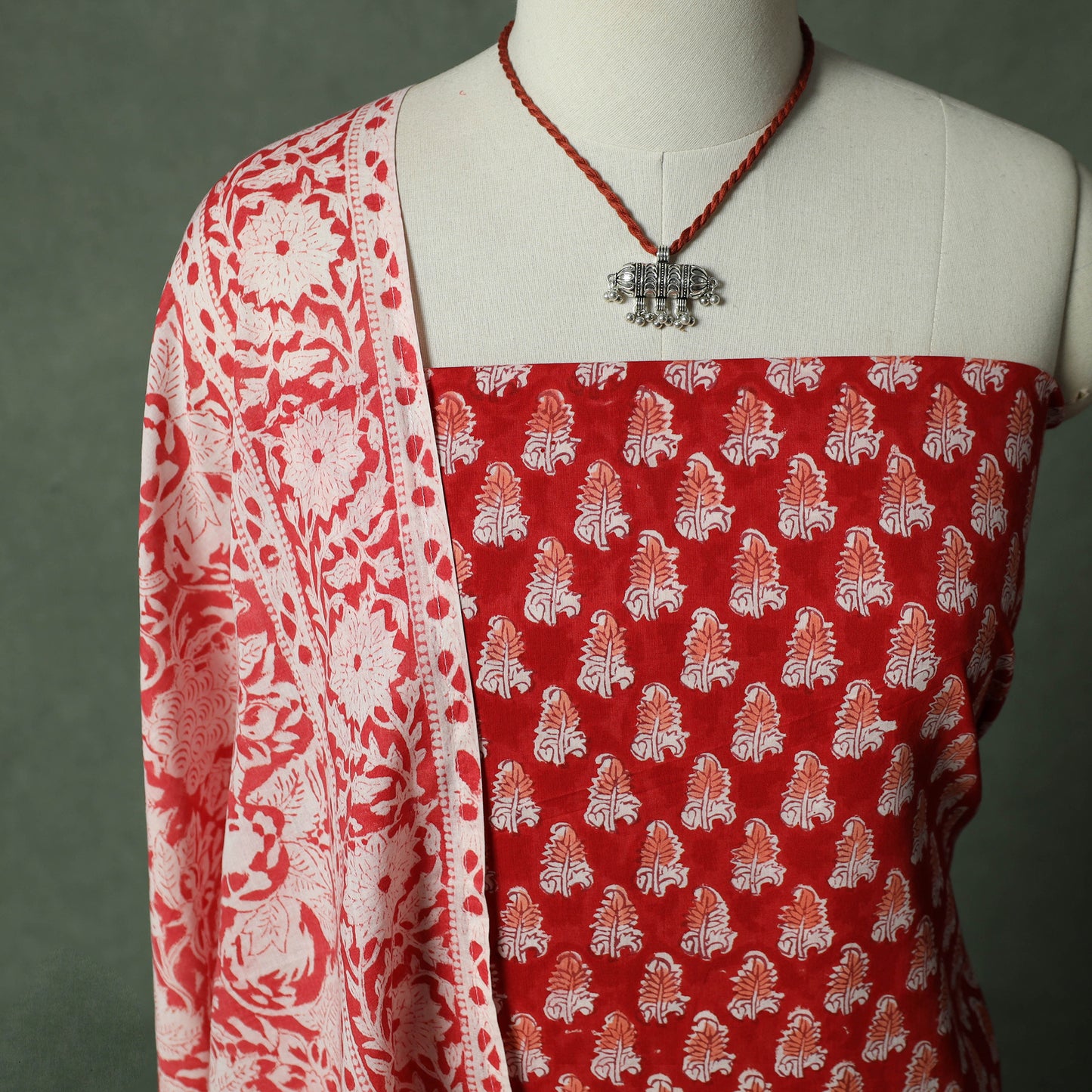 Sanganeri Hand Block Print 2pc Cotton Unstitched Dress Material Kurta Set with Jewellery 18