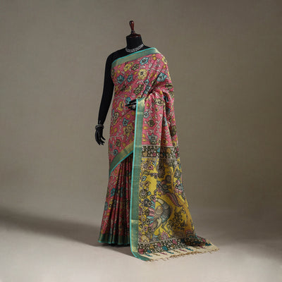 Srikalahasti Handpainted Natural Dyed Bangalore Silk Zari Border Pen Kalamkari Saree 02