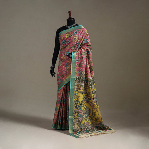 Srikalahasti Handpainted Natural Dyed Bangalore Silk Zari Border Pen Kalamkari Saree 02