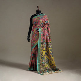 Srikalahasti Handpainted Natural Dyed Bangalore Silk Zari Border Pen Kalamkari Saree 02