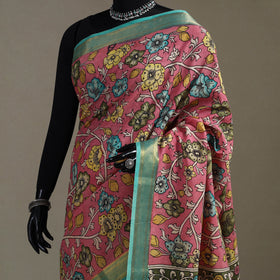 Srikalahasti Handpainted Natural Dyed Bangalore Silk Zari Border Pen Kalamkari Saree 02