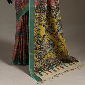 Srikalahasti Handpainted Natural Dyed Bangalore Silk Zari Border Pen Kalamkari Saree 02