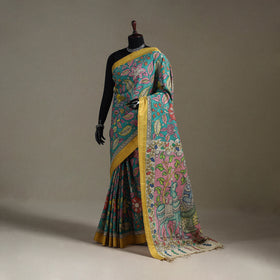 Srikalahasti Handpainted Natural Dyed Bangalore Silk Zari Border Pen Kalamkari Saree 03