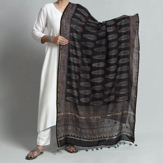 Black - Ajrakh Hand Block Printed Chanderi Silk Dupatta with Tassels