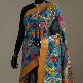 Srikalahasti Handpainted Natural Dyed Bangalore Silk Zari Border Pen Kalamkari Saree 04